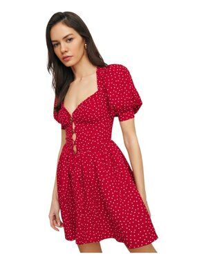 Reformation Red Polka Dot Puff Sleeve Fit & Flare Nicola Mini Dress Buttoned 8